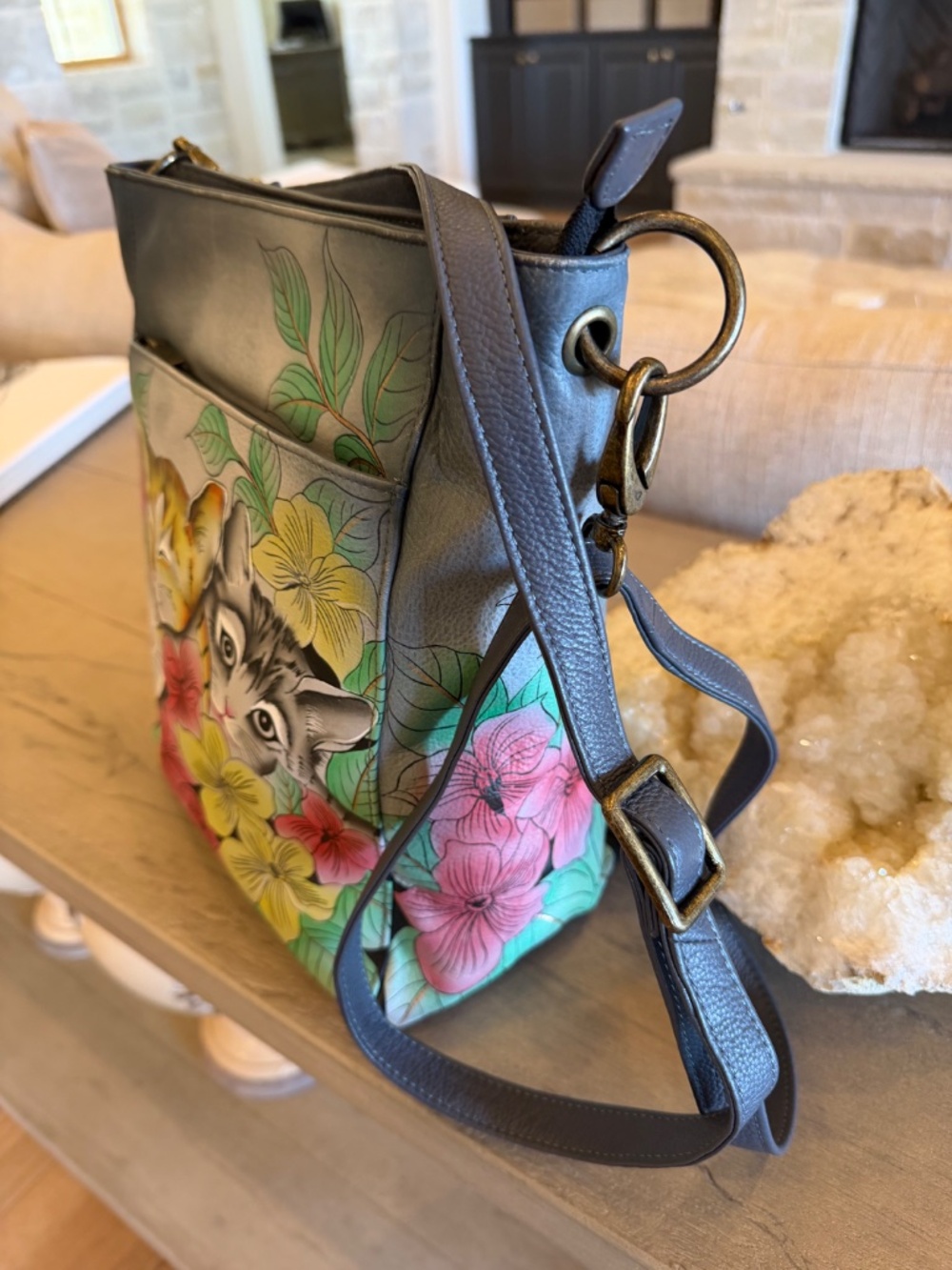 Anuschka Hand Painted Leather Handbag Cats Kittens Flowers Unique Fine Quality - Picture 3 of 8